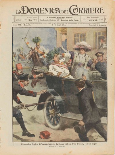اغتيال الأرشيدوق فرانز فرديناند النمساوي وزوجته في سراييفو في 28 يونيو 1914. بواسطة أخيل بيلترام