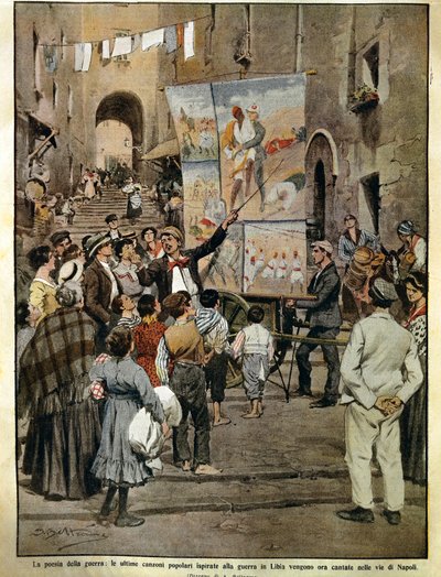 The Domenica del Corriere (صحيفة الأحد الإيطالية) من 8 ديسمبر 1910 ، الأغاني الشعبية المستوحاة من الحرب في ليبيا تغني في نابولي من قبل مغني القصص ، من قبل Achille Beltrame ، رسم توضيحي بواسطة أخيل بيلترام