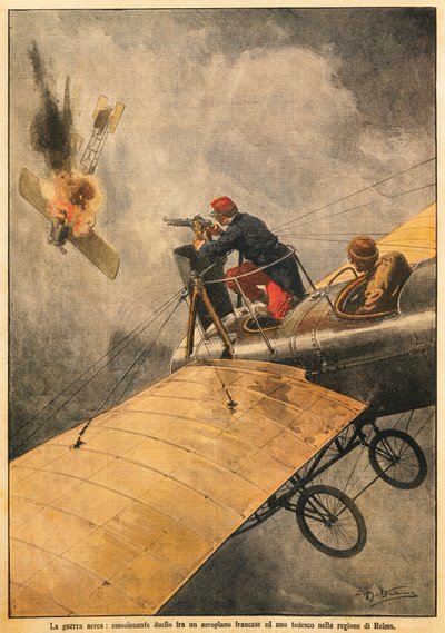 The War in Air: Duel between French plane and German one in sky over Reims, by Achille Beltrame (1871-1945), from La Domenica del Corriere, 25th October 1914 بواسطة أخيل بيلترام