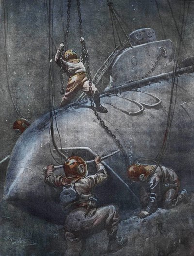 كارثة الغواصة الفرنسية "بلوفيوز" في عام 1910. يحاول صيادو السكة إصلاح السلاسل لسحبها. رسم توضيحي لأخيل بلترام. بواسطة أخيل بيلترام