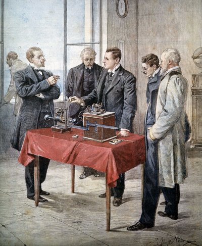 تجارب Guglielmo Marconi (1874-1937) في عام 1899: التلغراف اللاسلكي عبر القناة. رسم أخيل بلترام في "Domenica del Corriere". بواسطة أخيل بيلترام