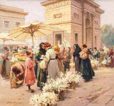 سوق الزنبق في بورتا غاريبالدي في ميلانو ، بواسطة أخيل بيلترام (1871-1945) ، من لا دومينيكا ديل كوريير ، إيطاليا القرن العشرين بواسطة أخيل بيلترام