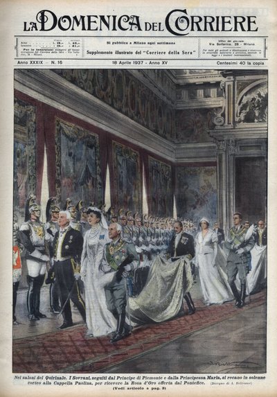 الزوجان الملكيان ، فيكتور إيمانويل الثالث (فيكتور إيمانويل) (فيتوريو إيمانويل الثالث) (1869-1947) وزوجته هيلين من الجبل الأسود ، يليهما الأمير هامبرت (أومبرتو) الثاني وماري جوزيه (ماري جوزيه من بلجيكا ، ماريا خوسيه من سافوي) ) اذهب إلى Paolina Chapel (Paol بواسطة أخيل بيلترام