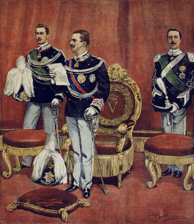 The swearing in of King Vittorio Emanuele III in Senate Chambers in Rome, by Achille Beltrame (1871-1945), from La Domenica del Corriere بواسطة أخيل بيلترام