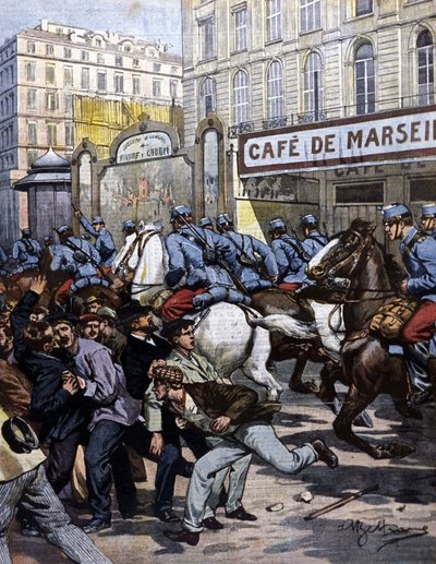 الإضرابات العمالية في مرسيليا: الفرسان المسؤولون في كانيبيير. رسم توضيحي لـ Beltrame. لا دومينيكا ديل كورييري. 1901. بواسطة أخيل بيلترام