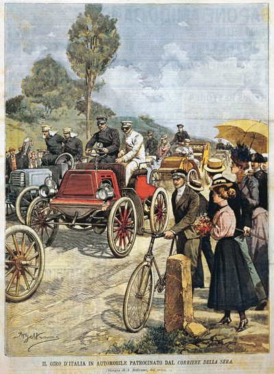 جولة في إيطاليا بالسيارة ، برعاية Corriere della Sera ، رسم توضيحي لـ Achille Beltrame من La Domenica del Corriere ، 19 مايو بواسطة أخيل بيلترام