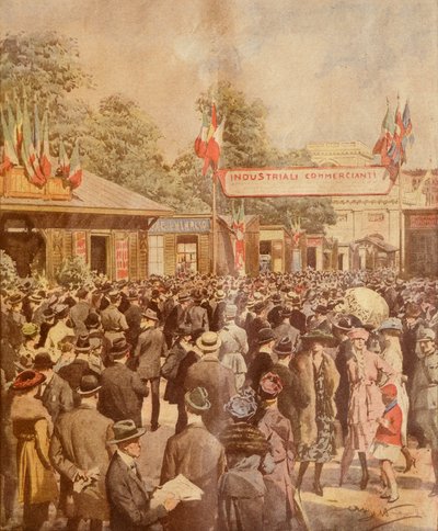 معرض تجاري في ميلانو ، بواسطة Achille Beltrame ، رسم توضيحي ، الرسام Achille Beltrame (1871-1945) ، من La Domenica del Corriere ، 24 أبريل 1921 بواسطة أخيل بيلترام