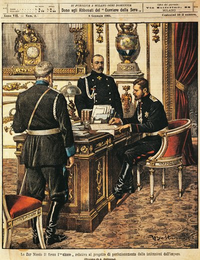 Tsar Nicholas II signing project for institutional reforms, by Achille Beltrame (1871-1945), from La Domenica del Corriere, 8th January 1905 بواسطة أخيل بيلترام