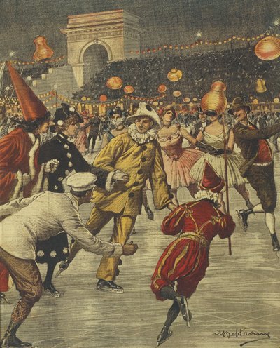 Typical costume party on ice at Aren in Milan, by Achille Beltrame, illustration, Illustrator Achille Beltrame (1871-1945), from La Domenica del Corriere بواسطة أخيل بيلترام