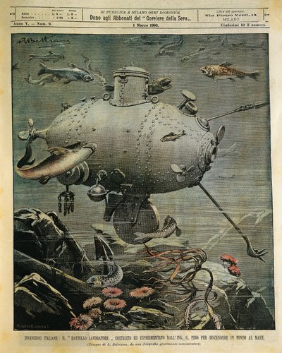 Underwater sea vessel for exploring seabed, illustration by Achille Beltrame (1871-1945), from La Domenica del Corriere, March 1 بواسطة أخيل بيلترام
