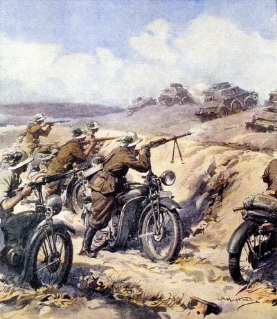 الحرب العالمية الثانية - 1940 1941 - الحملة في شمال إفريقيا - "صدام بين Bersaglieri والعناصر المدرعة البريطانية في Cyrenaica" من La Domenica del Corriere del 28 يوليو 1940 ، رسم إيضاحي بواسطة A بواسطة أخيل بيلترام