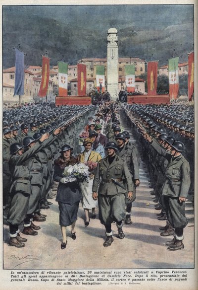 حفل زفاف أعضاء القمصان السوداء في Veronese Caprino en Venetie رسم لأخيل بيلترام من "" La Domenica del corriere "" في 10/10/1937. بواسطة أخيل بيلترام