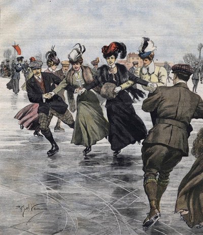 متعة الشتاء. المتزلجين. رسم توضيحي بواسطة أخيل بلترام في عام 1907. بواسطة أخيل بيلترام