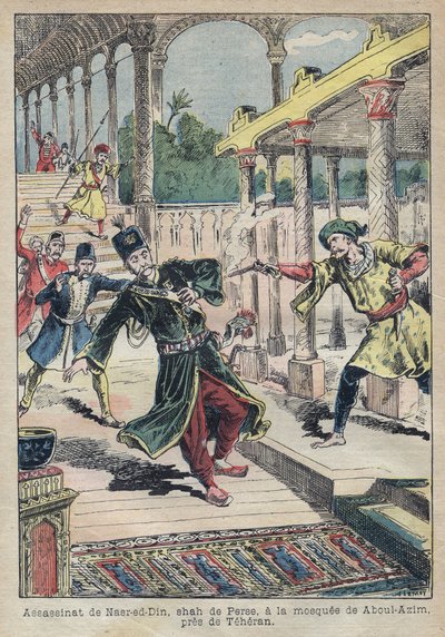 اغتيال ناصر الدين (1831-1896) ، شاه بلاد فارس (إيران) عام 1896 (يُسمى أيضًا ناصر الدين شاه ، ناصر الدين شاه قاجار ، ناصر الدين شاه قاجار ، ناصر الدين شاه) - رسم توضيحي لأخيل ليموت لـ " Le-Pelerin "عام 1896 - اغتيال بواسطة أشيل ليموت