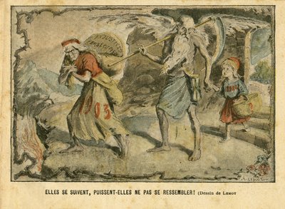 رسم توضيحي لأخيل ليموت (1846-1909) في Le Pelerin ، 03/01/04 - إنهم يتبعون بعضهم البعض ، فربما لا يكونوا متماثلين! اضطهاد الظلم - الطفولة ، الدين الإيمان ، الوقت / الفصول ، رأس السنة الجديدة - ماريان ، الوقت (رمزية) - رمزية ، معارضة / جمعية بواسطة أشيل ليموت