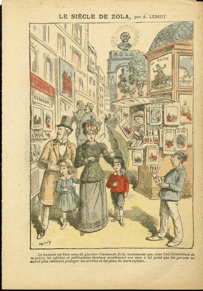 Illustration of Achille Lemot (1846-1909) in Le Pelerin, 03/05/08 - The century of Zola - Religion Faith, Family, Pornography, Newspaper kiosks, Catholic Catholicism, Rue alley - Zola Emile بواسطة أشيل ليموت