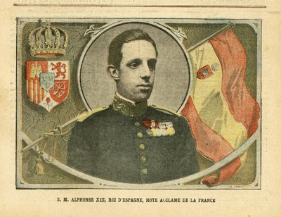 Illustration of Achille Lemot (1846-1909) in Le Pelerin, 04/06/05 - His Majesty Alfonso XIII, King of Spain, Hote Acclame of France - Spain, Monarchy, Flags, Foreign Sovereign - Alfonso XIII بواسطة أشيل ليموت