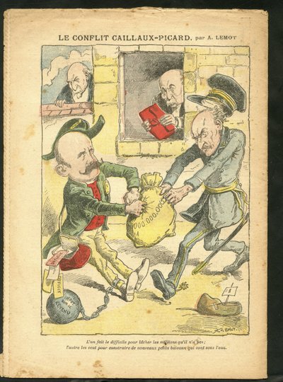 Illustration of Achille Lemot (1846-1909) in Le Pelerin, 07/03/09 - The Caillaux-Picard Conflict - Taxation, Income Tax - Combes Emile (1835-1921), Clemenceau George, Caillaux Joseph (1863-1944) بواسطة أشيل ليموت