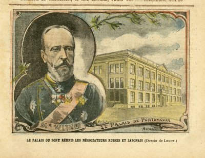 Illustration of Achille Lemot (1846-1909) in Le Pelerin, 20/08/05 - The Palace where Russian and Japanese negociators are reunited - Russia, Japan, Russian-Japanese War, Portsmouth - Witte Serge (1849-1915) بواسطة أشيل ليموت