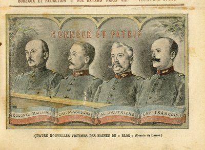 رسم توضيحي لأخيل ليموت (1846-1909) في Le Pelerin ، 20/11/04 - أربعة ضحايا جدد لكراهية الكتلة - Armee ، Affaire des fiche ، الوطنية - كولونيل رولين ، كابتن مارشال ، Dautriche ، كابتن فرانسوا بواسطة أشيل ليموت