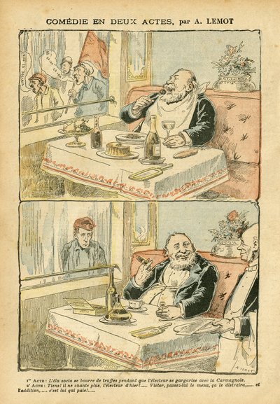 Illustration of Achille Lemot (1846-1909) in Le Pelerin, 22/05/04 - Comedy in two acts - Restaurant Cafes, Gastronomy cooking, Socialism - Boys de cafe, Truffle - Fat/lean بواسطة أشيل ليموت
