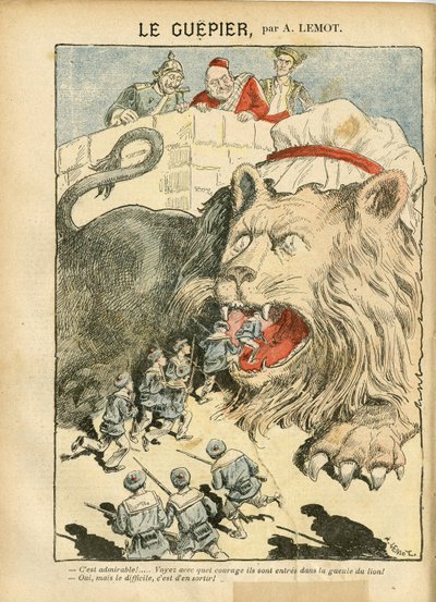 رسم توضيحي لأخيل ليموت (1846-1909) في Le Pelerin ، 25/08/07 - Le Guepier - War ، ألمانيا ، بروسيا ، إنجلترا بريطانيا العظمى ، إسبانيا ، البحر البحري البحري - الأسد / النمر بواسطة أشيل ليموت