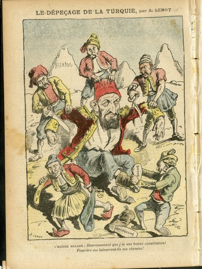 Illustration of Achille Lemot (1846-1909) in Le Pelerin, 25/10/08 - The depecage of Turkey - Turkey, Religion Faith, Balkans, Bulgaria, Bosnia Herzegovine, Crete, Catholic Catholicism - Abdul-Hamid II (1842-1918) بواسطة أشيل ليموت