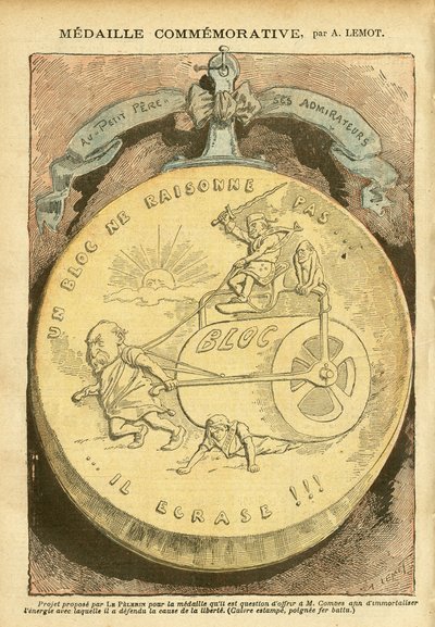 رسم توضيحي لـ Achille Lemot (1846-1909) في Le Pelerin ، 26/02/05 - تذكار Medaille - Antimaconism Freemaking ، Affaire des fiche ، Bloc des gauche - Combes Emile (1835-1921) ، Marianne - Casserole بواسطة أشيل ليموت