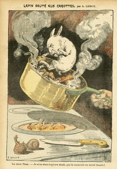 رسم توضيحي لـ Achille Lemot (1846-1909) في Le Pelerin ، 29/01/05 - Rabbit jumte مع الجزر - Affaire des fiche ، مطبخ فن الطعام - Combes Emile (1835-1921) ، Rabbit - Saucepan - استعارة الطعام ، الحيوان بواسطة أشيل ليموت
