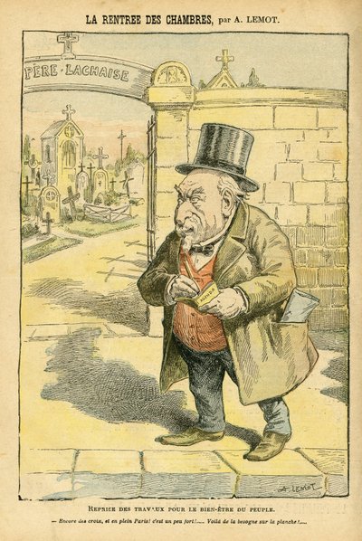 Illustration of Achille Lemot (1846-1909) in Le Pelerin, 29/05/04 - La rentree des rooms - Religion Faith, Cemetery, Bloc des lefches, Mourning Obseques Funerailles, Pere Lachaise, Catholic Catholicism - Laicisation of the religious space, Laicite Laiques  بواسطة أشيل ليموت