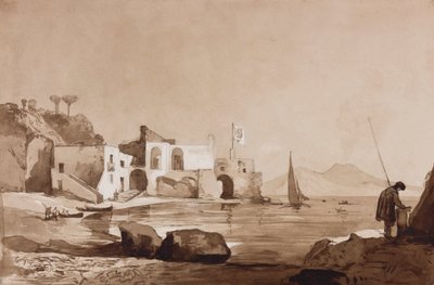 ميناء يرفع علم Borbone مع Vesuvius إلى الجنوب ، مع إضافات من تلميذ Borbone (قلم رصاص ، يغسل بني داكن و gouache على الورق) بواسطة أخيل فيانيلي