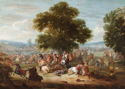 اشتباك لسلاح الفرسان في منظر طبيعي مشجر، وجسر من بعيد (زيت على قماش) بواسطة Adam Frans van der Meulen