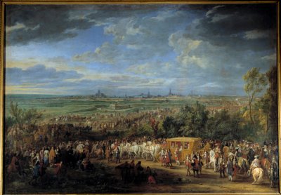 بين الملك لويس الرابع عشر والملكة ماري تيريز في 30 يوليو 1667 في أراس ”لوحة بقلم آدم فان دير مولين (1632-1690) من القرن السابع عشر. 2.32 × 3.31 م بواسطة Adam Frans van der Meulen