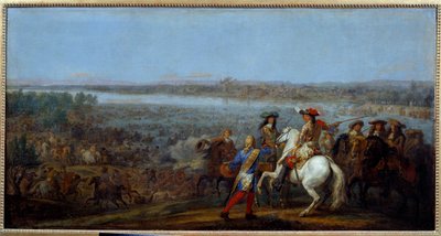 حرب هولندا: "" مرور نهر الراين في 12/06/1672 "" جيوش الملك لويس الرابع عشر (1638-1715) ولويس الثاني ملك بوربون ، أمير كوندي (بوربون كوندي) (غراند كوندي) (1621- 1686) عبور نهر الراين إلى Tolhuis. لوحة لآدم فرانس فان دير ميولين (1632-90)  بواسطة Adam Frans van der Meulen