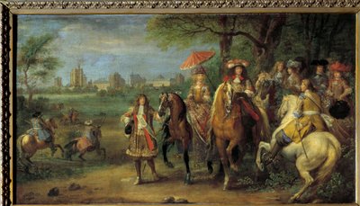 الملك لويس الرابع عشر (1638-1715) والملكة ماري تيريز من النمسا (1638-1683) يسيران أمام قلعة فينسينز عام 1669 رسم لآدم فرانس فان دير ميولين (1632-1690) بواسطة Adam Frans van der Meulen