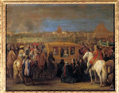 دخول الملك لويس الرابع عشر (1638-1715) والملكة ماري تيريز ملكة النمسا رسميًا إلى دواي في 23/8/1667 (تتلقى الملكة في عربتها تكريمًا من دينجينس المدينة بصفتها صاحبة السلطة) لوحة رسمها آدم فرانس فان دير ميولين (1632-1690). حوالي عام 1667 بواسطة Adam Frans van der Meulen