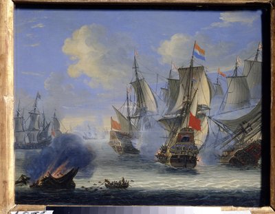 معركة بحرية (معركة بحرية). لوحة لآدم سيلو (1674-1757). زيت على قماش ، ٢٥ × ٣٣.٥ سم. الفن الهولندي ، الفن الباروكي. متحف الدولة للفنون ، تولا (أو تولان). بواسطة آدم سيلو