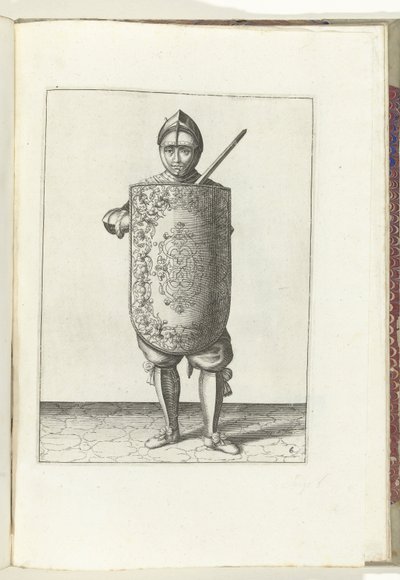 التمرين مع القارب والسيف: يحمل الجندي القميص أمام الصدر والسيف المرسوم على الكتف الأيسر (رقم 6) ، 1618 De Nassausche Wapen-Handelinge ، Van Schilt ، Spies ، Rappier Ende Targe: Beyde Figuerlick مصورة ، منتهية بعد د بواسطة آدم فان برين