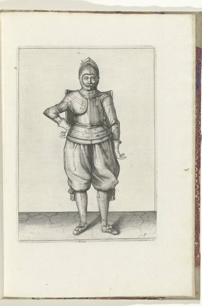 التمرين مع تارج وسيف: الجندي في حالة راحة مع القميص على ظهره (رقم 1) ، 1618 The Nassausche Wapen-Handelinge، van Schilt، Spies، Rappier Ende Targe: يصور بالشكل ، ويظهر بعد الترتيب الجديد [لـ] (...) موريتس فان ناسا بواسطة آدم فان برين