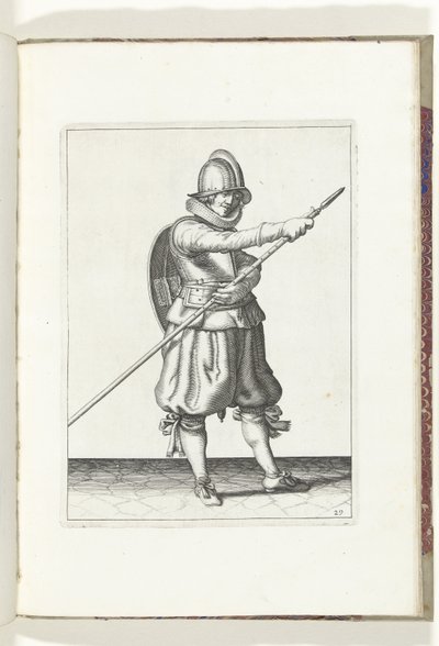 التمرين بالدرع والسبايك: الجندي يعيد وضع السنبلة بيدين (رقم 29) ، 1618 The Nassausche Wapen-Handelinge، van Schilt، Spies، Rappier ende Targe: يصور بالشكل ، ويتم تعيينه بعد الترتيب الجديد [لـ] (...) Ma بواسطة آدم فان برين