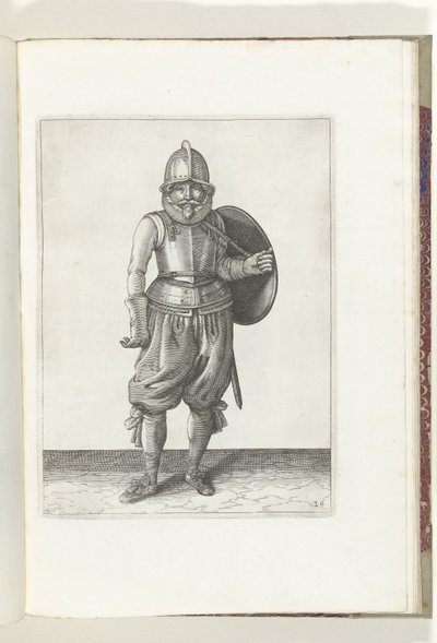 التمرين بالدرع والرمح: يعيد الجندي الدرع إلى ظهره بذراعه اليسرى (رقم 26) ، 1618 دي ناساوش وابن هاندلينج ، فان شيلت ، جواسيس ، رابير إند تارج: صورت من قبل بيدي فيجويرليك ، تم طرحها بعد الترتيب الجديد [لـ] (.. بواسطة آدم فان برين