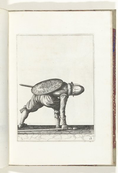 التمرين بالدرع والرمح: الجندي ينحني ليلتقط الرمح (رقم 28) ، 1618 The Nassausche Wapen-Handelinge، van Schilt، Spies، Rappier ende Targe: يصور بالشكل ، ويظهر بعد الترتيب الجديد [لـ] (...) موريتس فان ناسو (ر بواسطة آدم فان برين