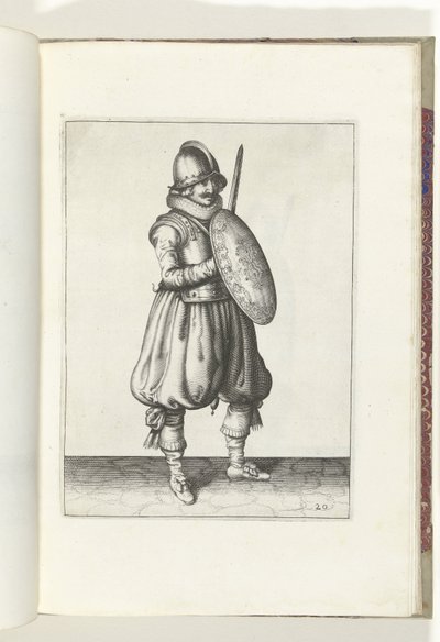 التمرين بالدرع والرمح: الجندي يقف مع سيفه ودرعه أمام صدره (رقم 20) ، 1618 De Nassausche Wapen-Handelinge ، Van Schilt ، Spies ، Rappier Ende Targe: صورتها Beyde Figuerlick ، ende بعد الترتيب الجديد [من] (. بواسطة آدم فان برين