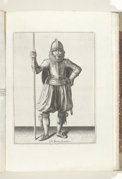 التمرين بالدرع والرمح: الجندي مستريح والرمح بيده والدرع على ظهره (رقم 1) ، 1618 Nassausche Wapen-Handelinge ، Van Schilt ، Spies ، Rappier Ende Targe: يصور بواسطة الشكل ، ويتم تعيينه بعد النظام الجديد [من] ( بواسطة آدم فان برين