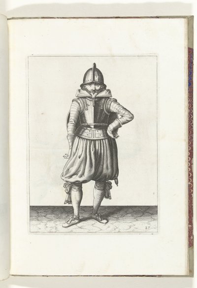 التمرين بالدرع والرمح: الجندي يقف مستريحًا والدرع على ظهره (رقم 27) ، 1618 The Nassausche Wapen-Handelinge، van Schilt، Spies، Rappier ende Targe: يصور بالشكل ، ويظهر بعد الترتيب الجديد [لـ] (...) Maurits v بواسطة آدم فان برين