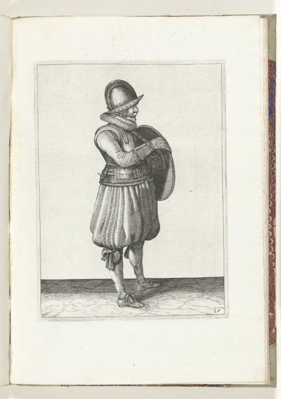 التمرين بالدرع والرمح: سحب الجندي ذراعه من حزام الدرع (رقم 25) ، 1618 The Nassausche Wapen-Handelinge، van Schilt، Spies، Rappier Ende Targe: يصور بالشكل ، ويتم تعيينه بعد الترتيب الجديد [لـ] (...) موريتس بواسطة آدم فان برين