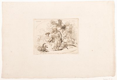 يهوذا يعطي ثامار خاتمه Thamar et Judas (العنوان على الكائن) ست مطبوعات بعد رسومات رامبرانت ، محفوظة في Hofbibliothek في فيينا (عنوان السلسلة) Six estampes Gravées d