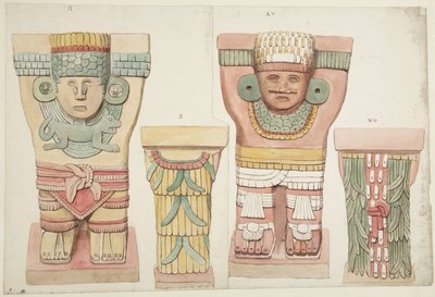 Caryatids II و XV من الغرفة الخارجية ، المعبد العلوي لجاغوار ، تشيتشن إيتزا ، المكسيك (ألوان مائية) بواسطة أديلا بريتون