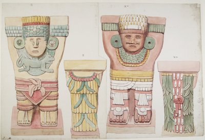 Caryatids II و XV من الغرفة الخارجية ، المعبد العلوي لجاغوار ، تشيتشن إيتزا ، المكسيك (ألوان مائية) بواسطة أديلا بريتون