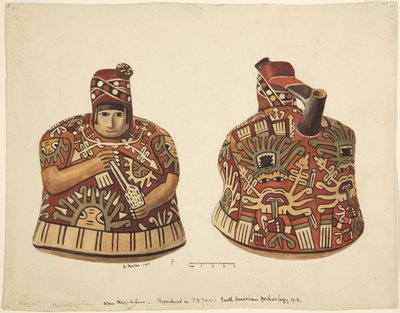 Container with a human figure on one side and a spout behind the head From Nazca, Peru (watercolor) بواسطة أديلا بريتون